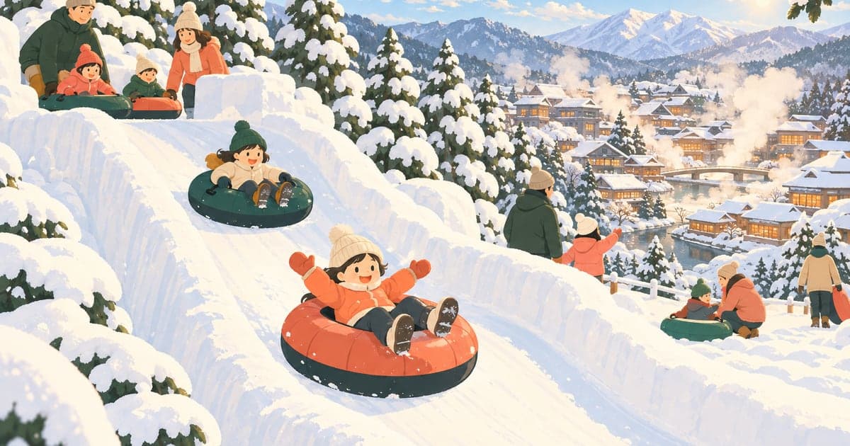 雪の森の中の雪のすべり台とそりで遊ぶ家族を描いた川湯温泉の森のスノーパークのイラスト