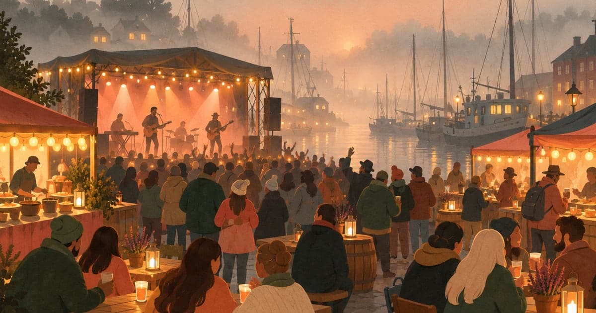 霧に包まれた港の野外ステージと観客を描いたKUSHIRO KIRI FESTIVALのイラスト