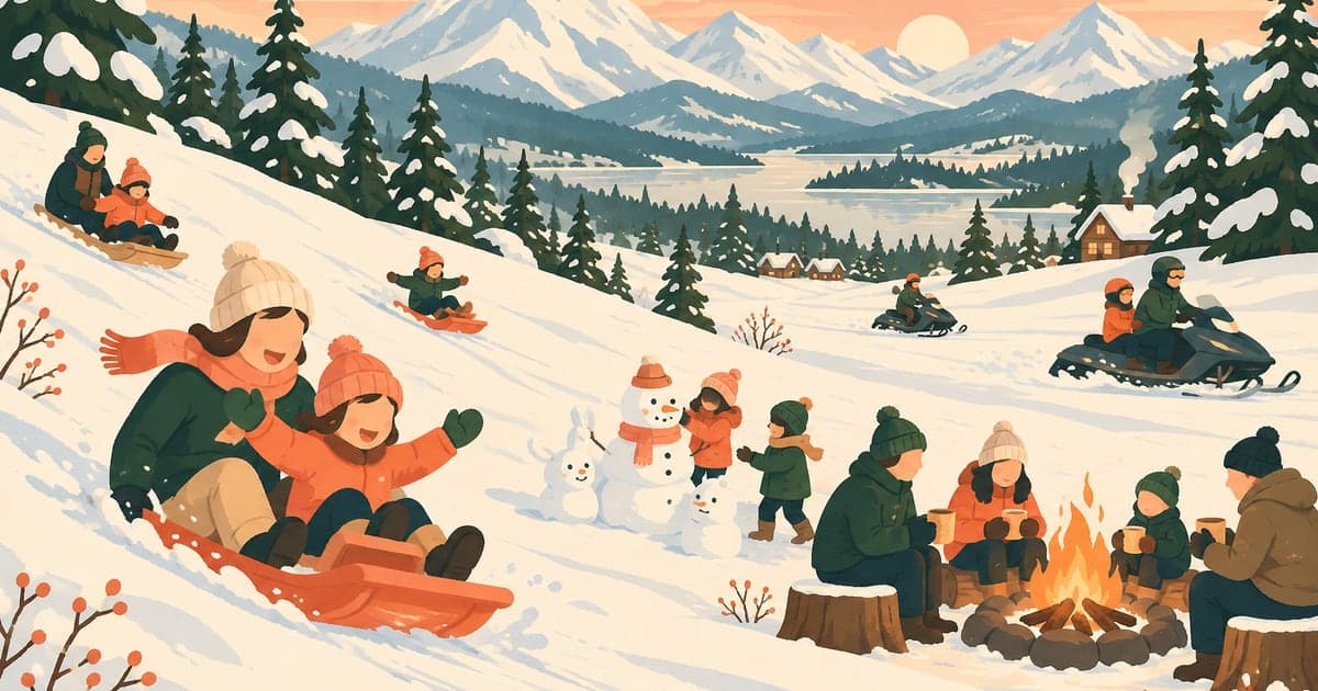 雪の公園でそり滑りと雪像を楽しむ家族を描いた摩周スノーランドのイラスト