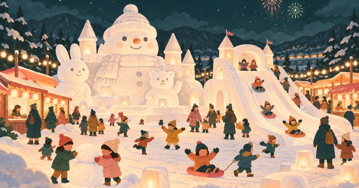 雪像と雪のすべり台が並ぶ冬まつり会場と夜空の花火を描いたなかしべつ冬まつりのイラスト
