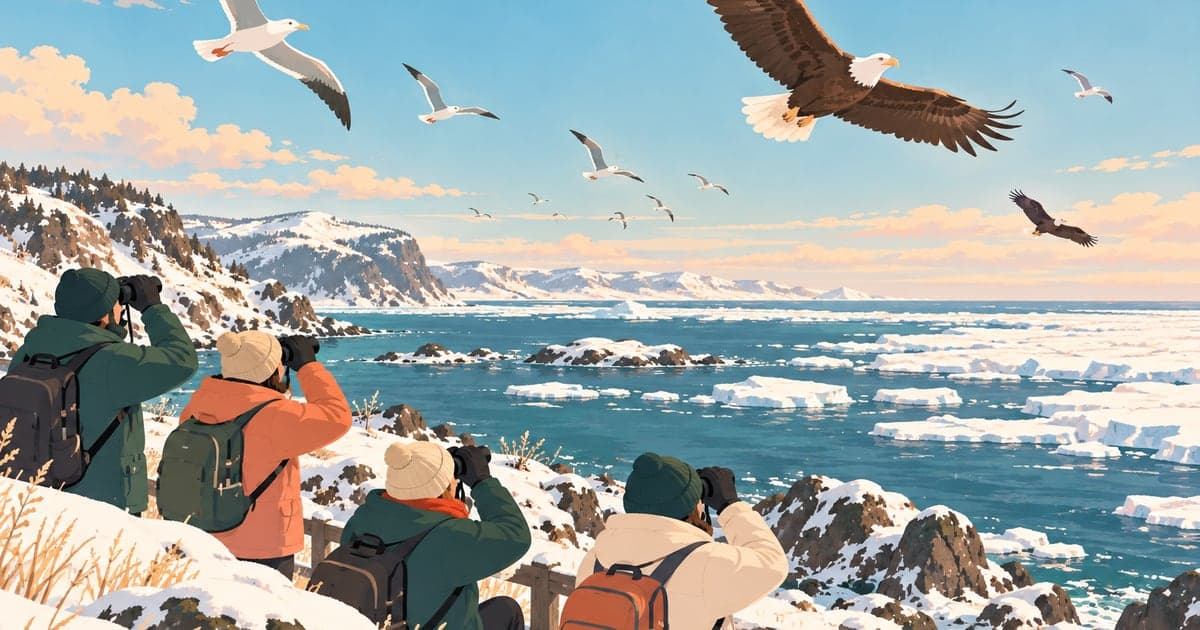 冬の海辺で双眼鏡を構える人々と空を舞うワシを描いた根室バードランドフェスティバルのイラスト
