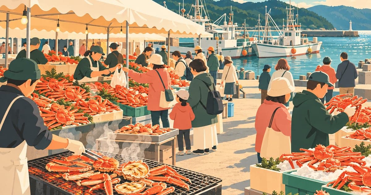 港の会場に並ぶ大きなカニの直売テントと人々を描いた根室かに祭りのイラスト