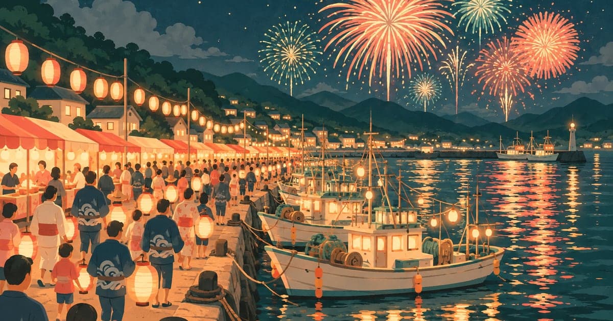 提灯行列と漁船の灯り、花火を描いたねむろ港まつりのイラスト