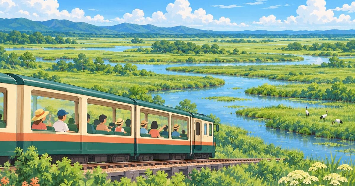 湿原を走るトロッコ列車と窓から眺める乗客を描いたくしろ湿原ノロッコ号のイラスト
