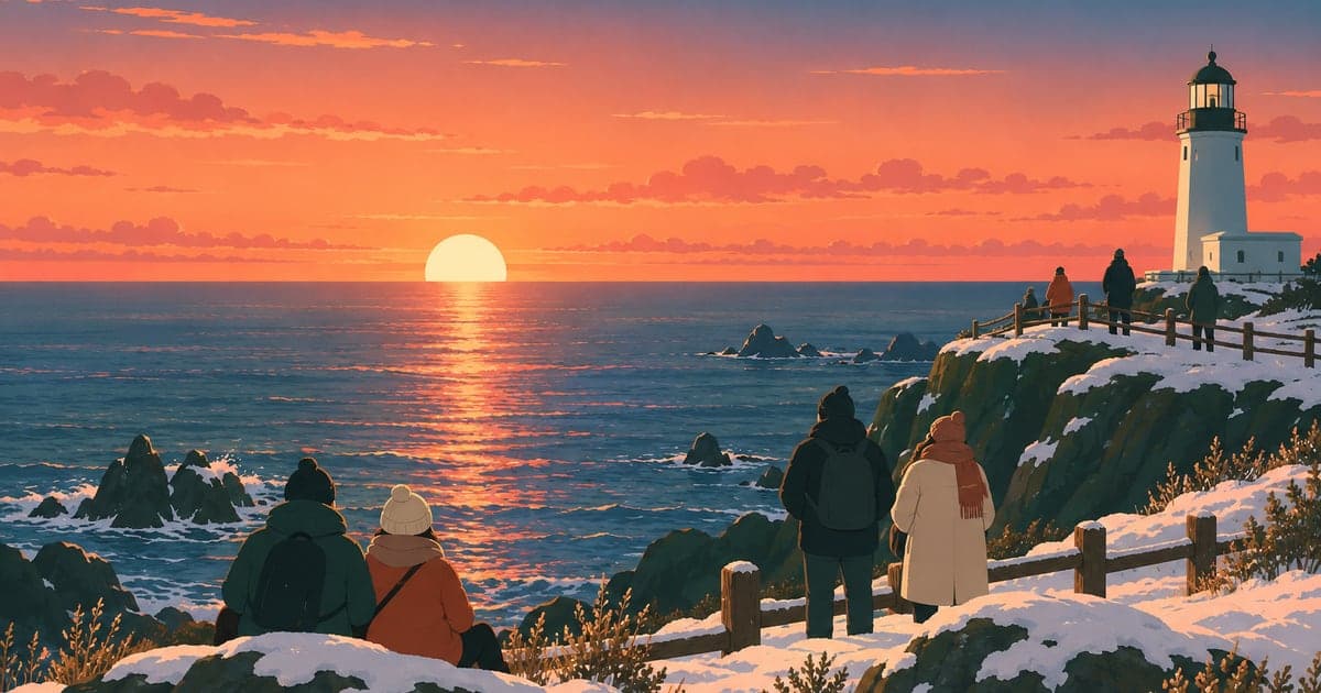 冬の岬で水平線から昇る初日の出を眺める人々を描いた納沙布岬の初日の出のイラスト