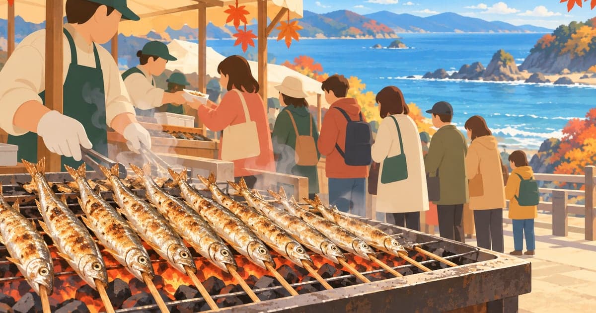 道の駅で炭火で焼かれるししゃもと買い物客を描いた白糠ししゃもの日のイラスト