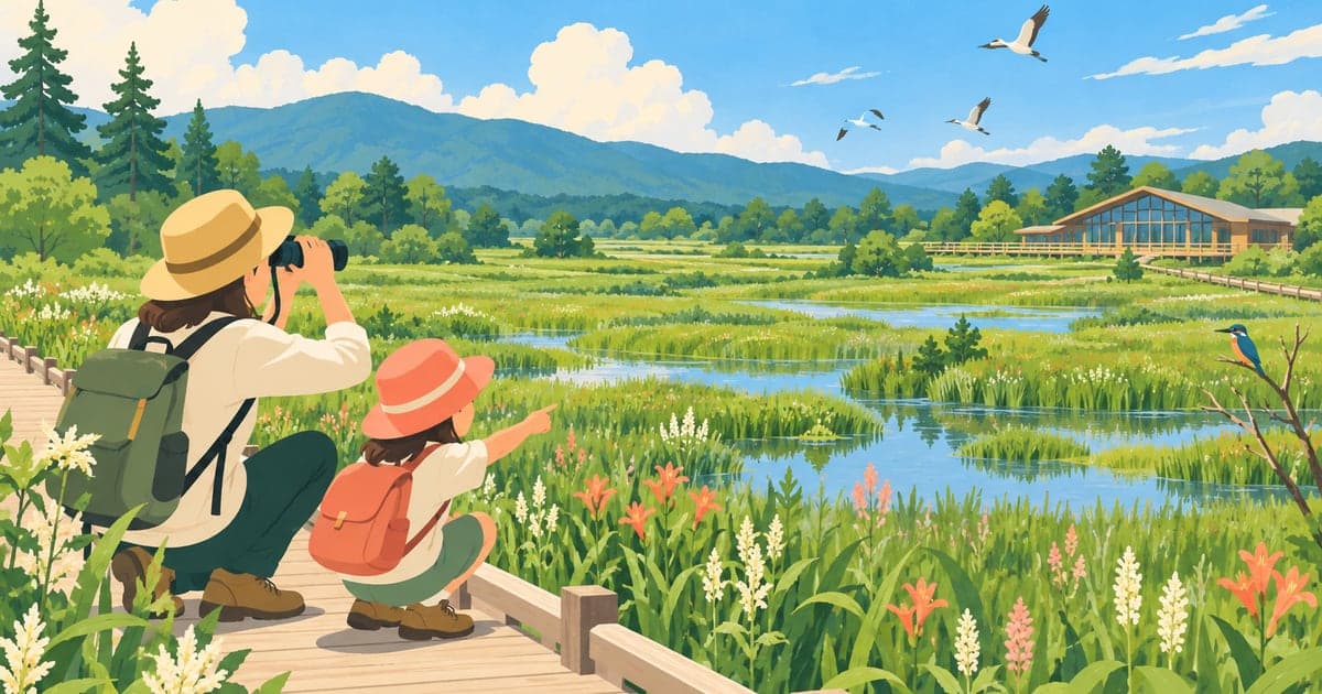 夏の湿原の木道で花を観察する親子を描いたしつげんサマーフェスタのイラスト