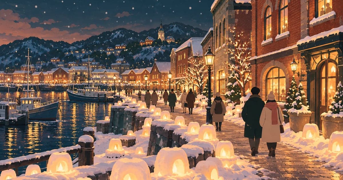 雪の港町に無数の雪あかりがともり洋館が光る冬の夜を描いた雪あかりの町くしろのイラスト