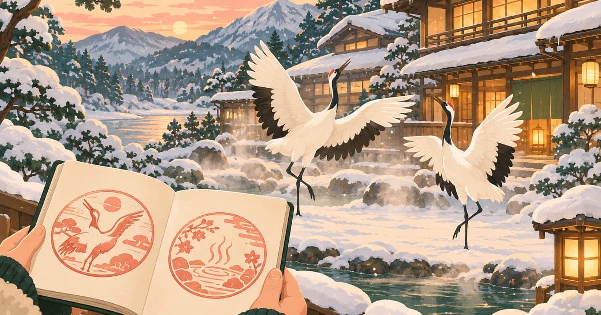 雪景色の温泉宿の前で舞うタンチョウとスタンプ帳を描いた鶴居村温泉スタンプラリーのイラスト