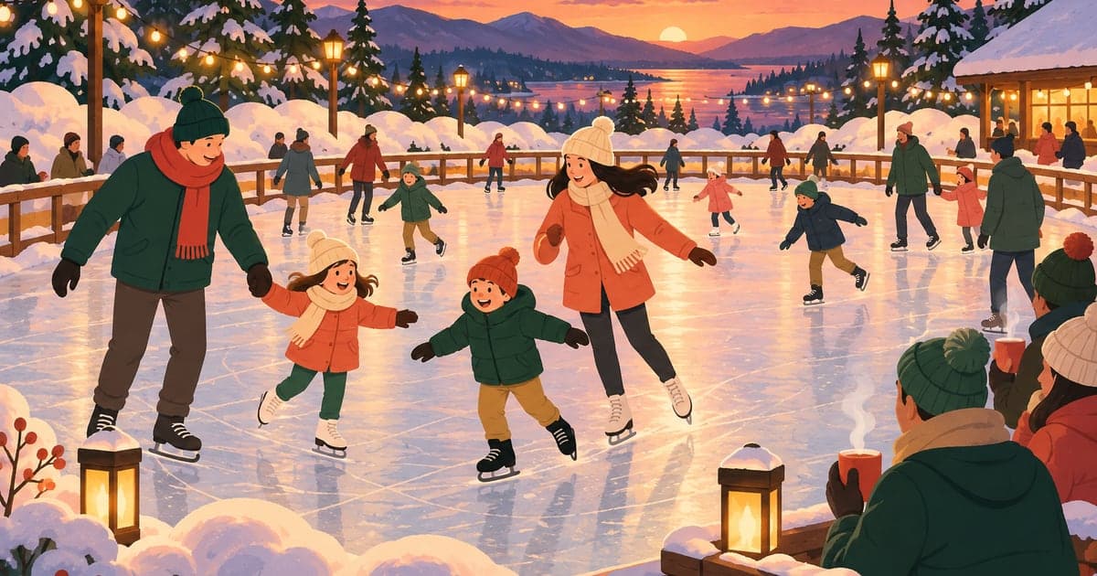 屋外スケートリンクで滑る家族と子どもたちを描いたくしろウインターパークのイラスト