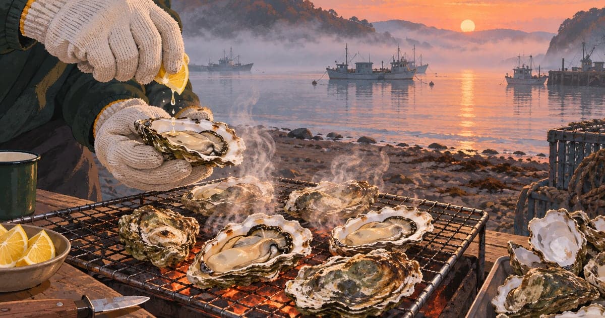 厚岸の名産カキえもんを浜辺で炭火焼きにするセルフバーベキュー、晩秋の海辺の情景イラスト