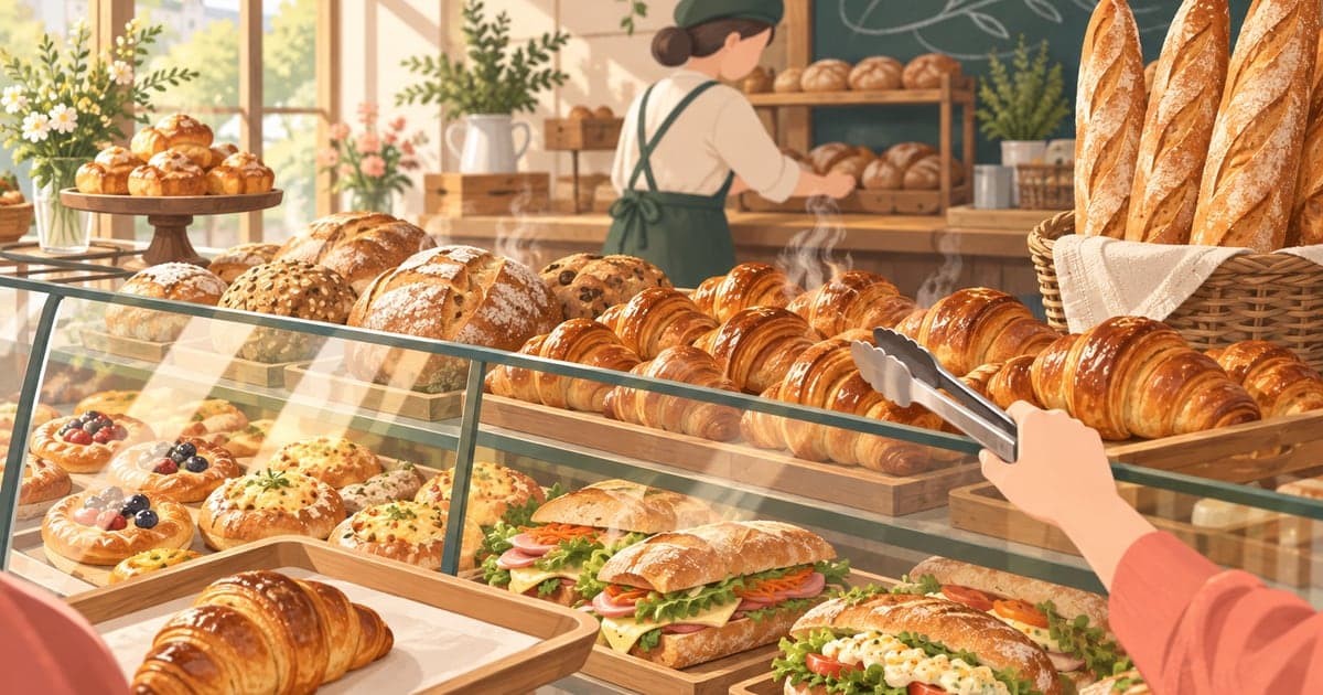 釧路のパン屋で焼きたてのサンドイッチを選ぶ、湯気とバターの香り漂う朝のベーカリーのイラスト