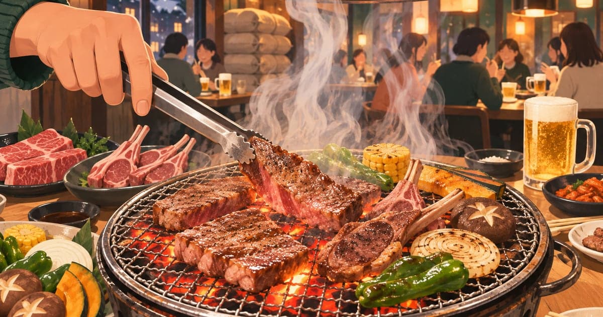 釧路で道産牛やラム肉を炭火の網で焼く、脂の弾ける音まで伝わる冬の夜の焼肉店のイラスト