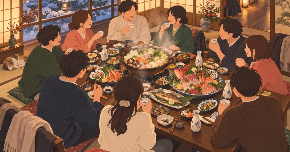 釧路の忘年会・新年会で鍋料理と海鮮を囲む、障子越しの灯りが温かい座敷の冬の夜のイラスト