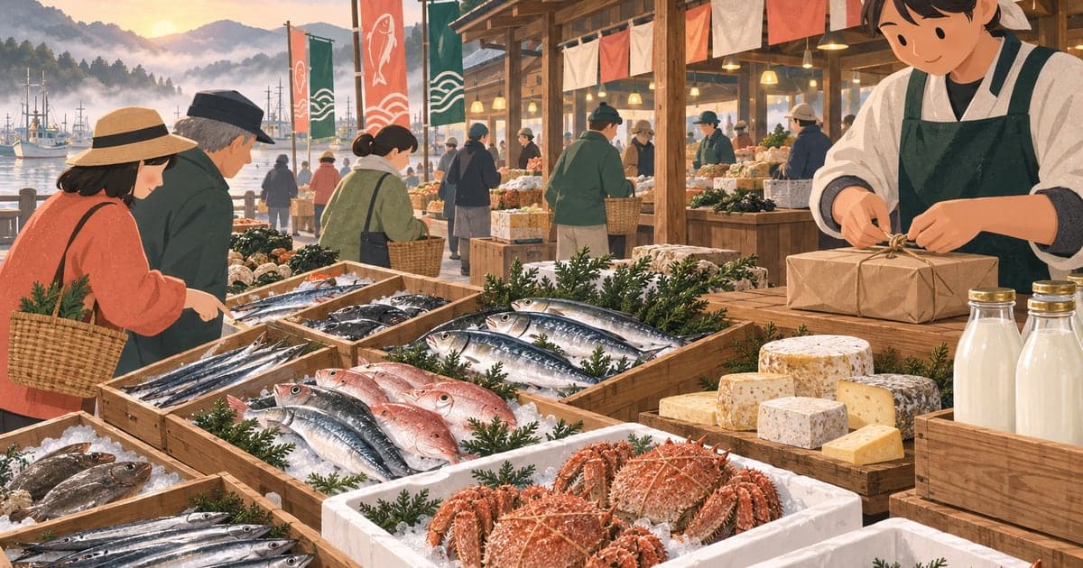 釧路の漁協直売所で新鮮な魚介とチーズを選ぶ、朝もやの中で品定めする早朝の情景イラスト