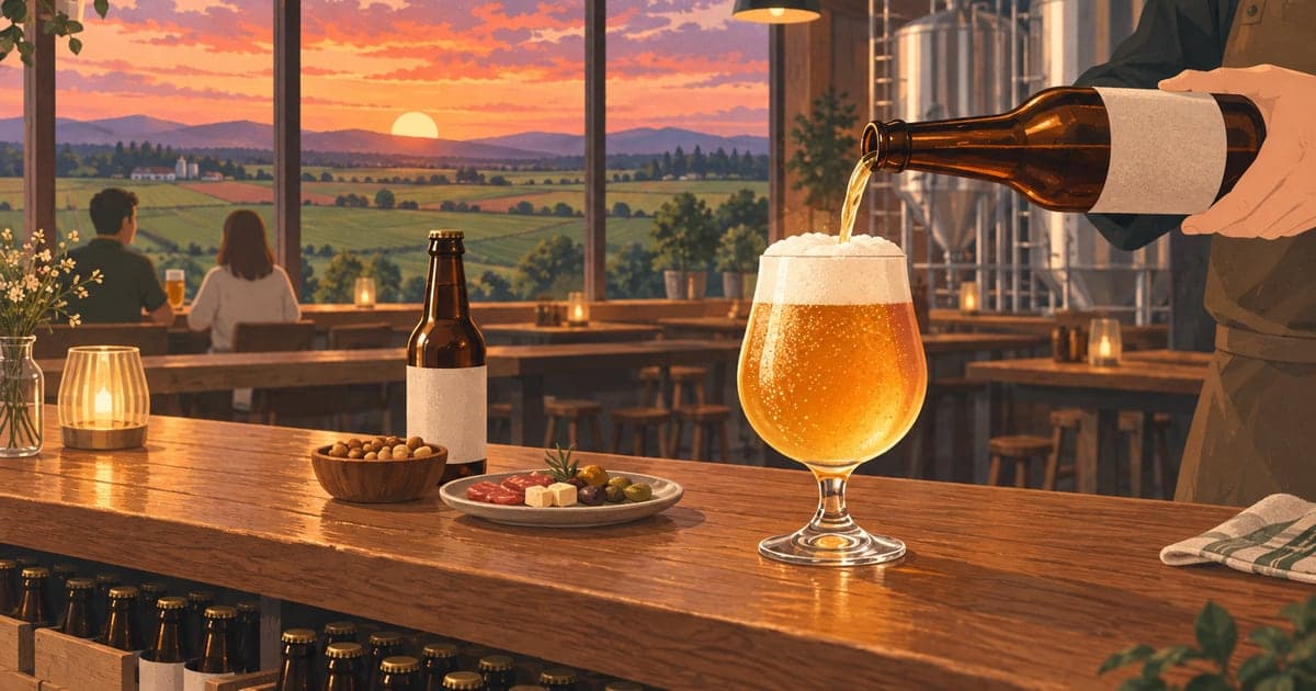 釧路のクラフトビールと地酒を味わう、夕焼けを背景にしたブルワリーバーの夕暮れイラスト