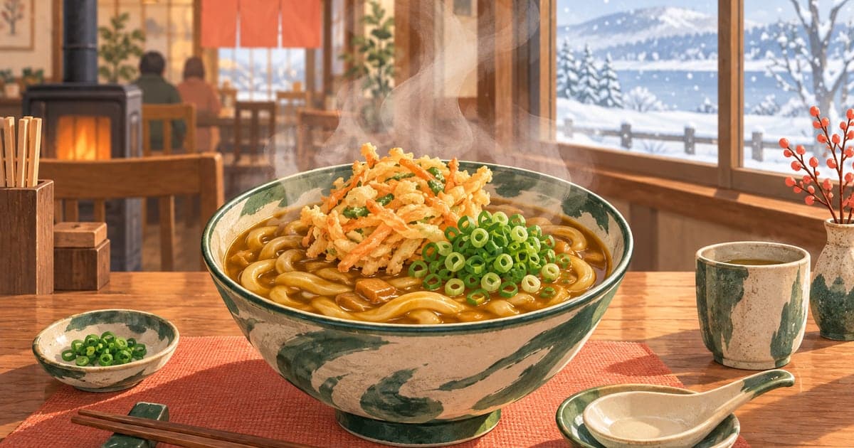 釧路のカレーうどんが湯気を立てる、冬の食堂で味わう温かな一杯の情景を描いたイラスト