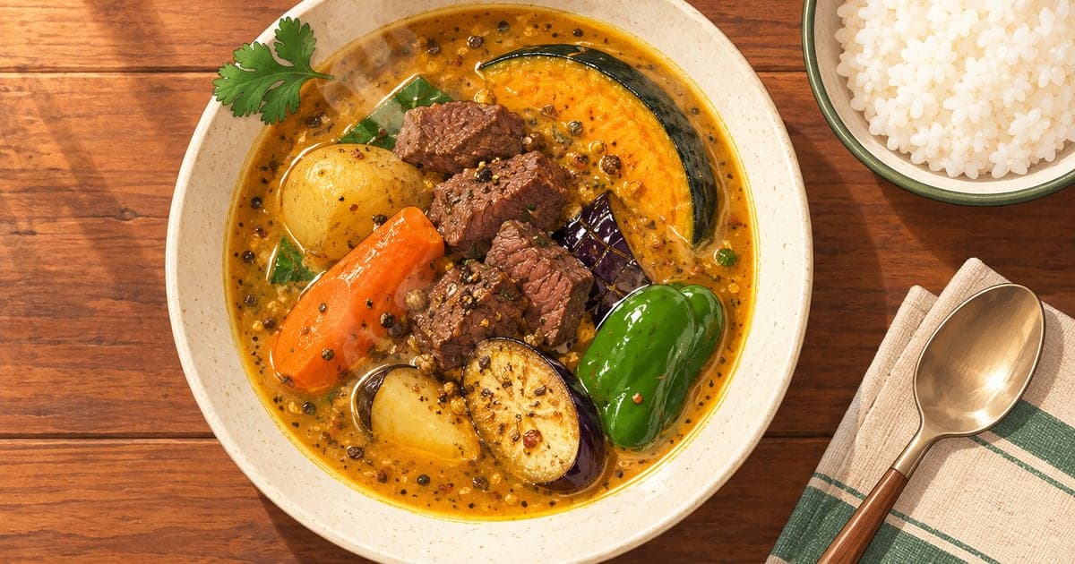 釧路のスープカレーにエゾシカ肉が入る、道産野菜も添えたスパイス香る一皿のイラスト