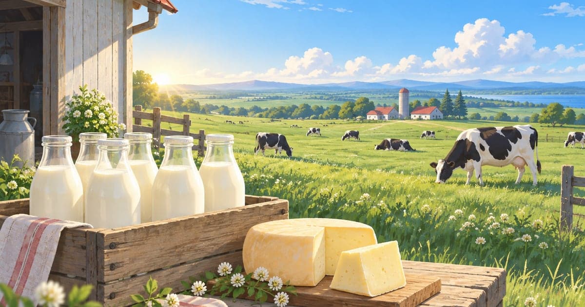 釧路・道東の牧場で牛乳やチーズが並ぶ、広い青空の下の初夏の酪農風景を描いたイラスト