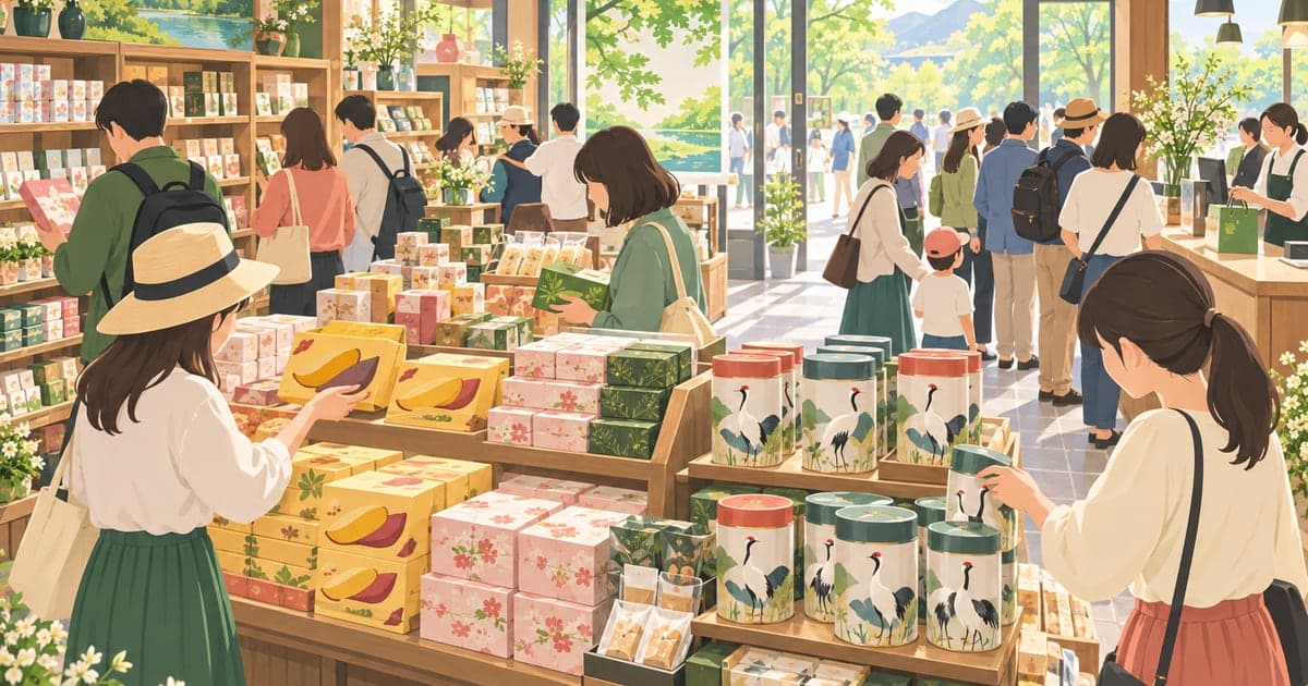 釧路GWの土産物店でスイーツや銘菓を選ぶ、賑わう店内の様子を描いた5月のイラスト