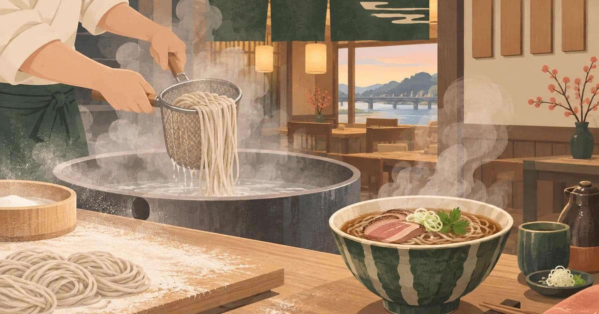 釧路の手打ちそば処で麺を茹でる職人の丁寧な仕事ぶり、暖簾越しの灯りが伝わるイラスト