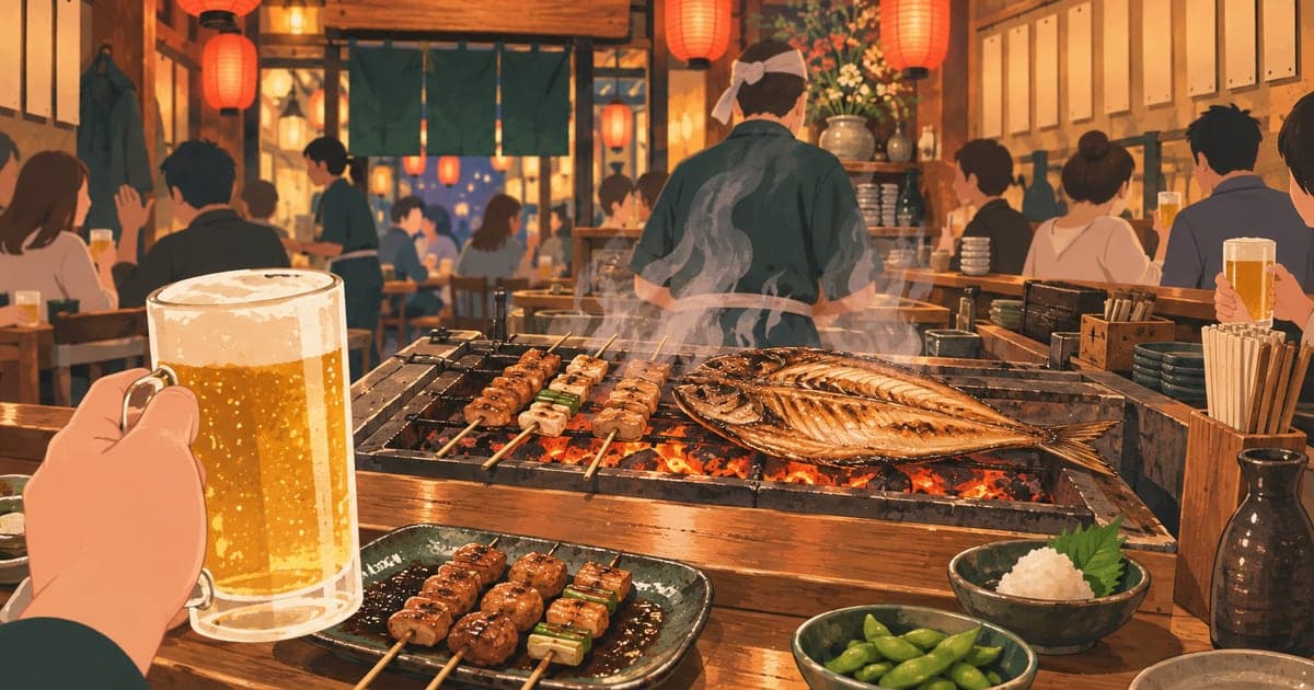 釧路の居酒屋で炉端焼きを楽しむ、赤提灯が灯る末広町・栄町の賑やかな夜の情景イラスト
