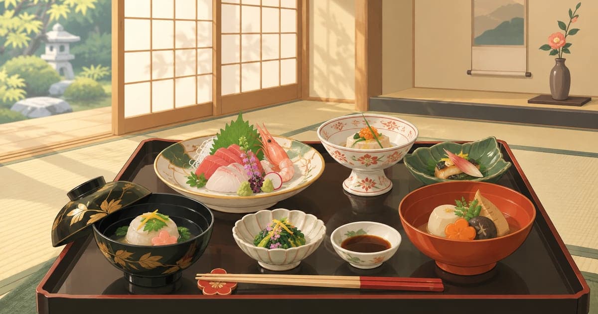 釧路の割烹で供される懐石料理の上品な膳、床の間の花も添えた静かな和室の情景イラスト