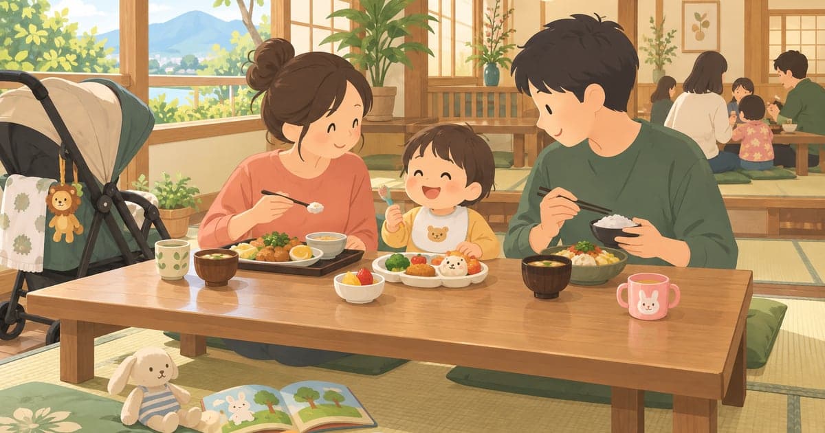 釧路の子連れランチを座敷席で楽しむ、ベビーカーも見える安心の家族の食事風景イラスト
