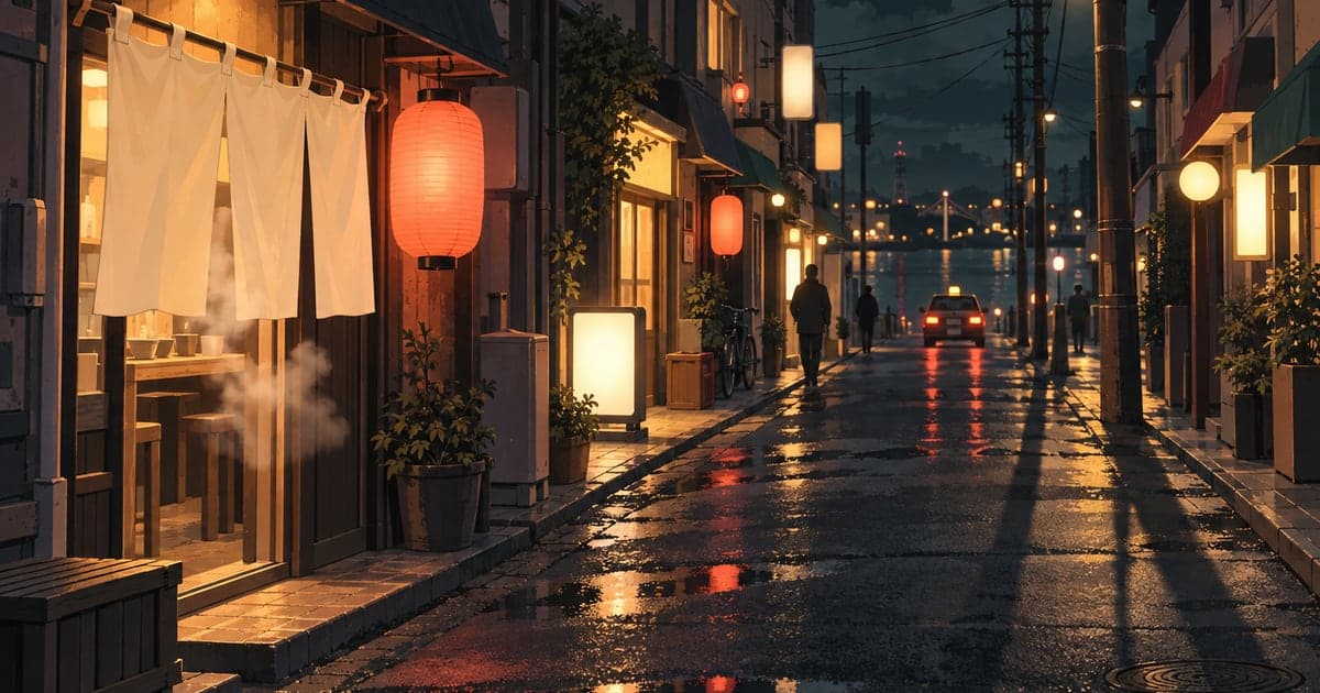 釧路の深夜営業のラーメン店と末広町、人影まばらな路地の静けさも描いた夜更けのイラスト