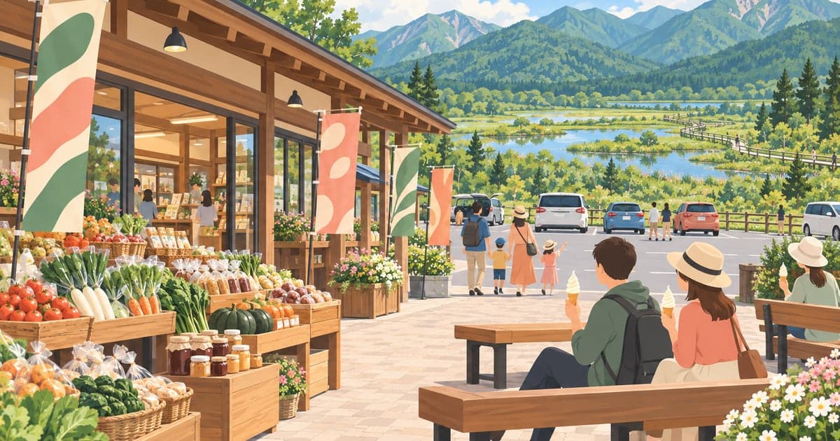 釧路周辺の道の駅で特産品とソフトクリームを楽しむ、山あいのドライブ休憩のイラスト