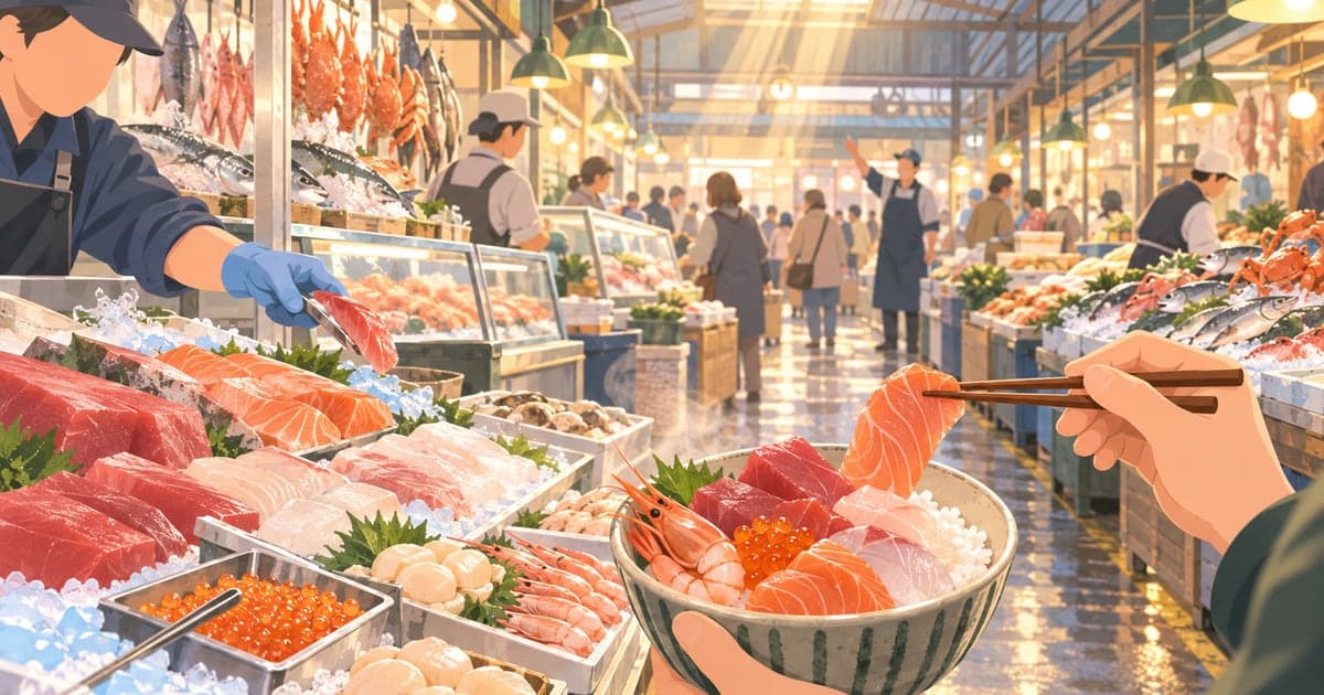 釧路の和商市場で勝手丼を作る、トタン屋根に朝日が差し込む早朝の活気ある情景イラスト