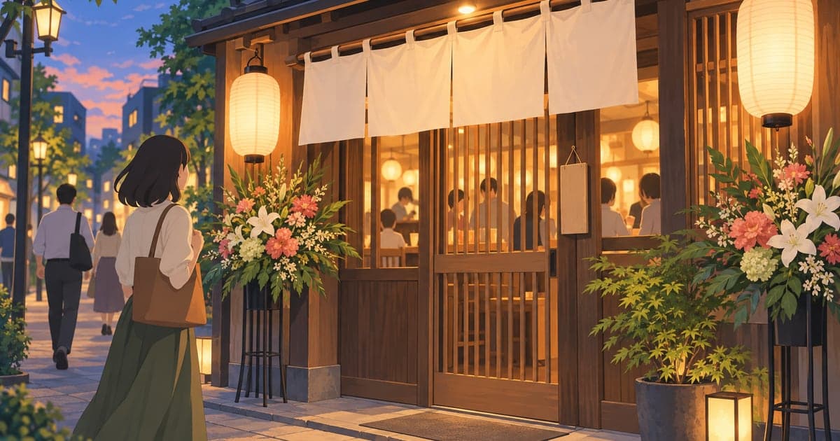 釧路で新しくオープンした居酒屋、賑わい始めた初夏の夕暮れどきの外観を描いたイラスト