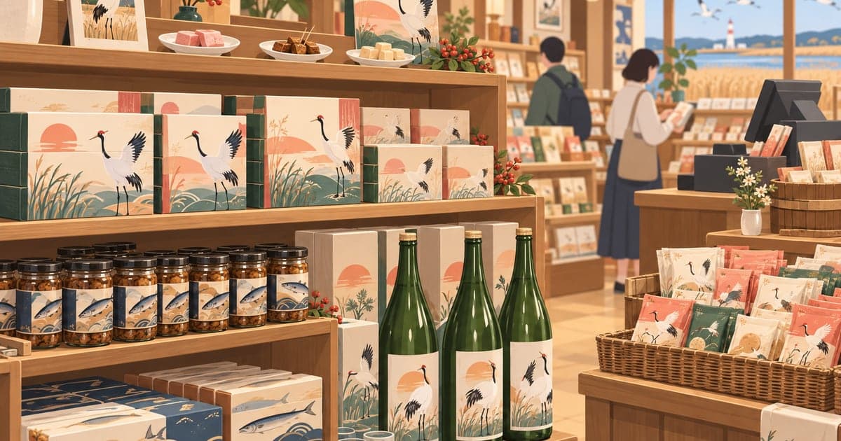 釧路でしか買えない銘菓と海産物、地酒の土産物、暖色の照明が包む店内の情景イラスト