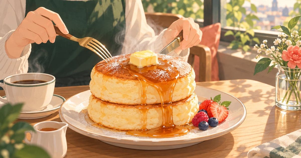 釧路のカフェで味わう北海道素材の厚焼きパンケーキ、午後の柔らかな光が差す情景イラスト