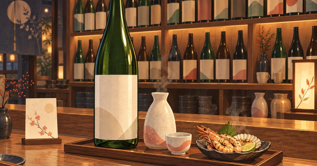 釧路で味わう地酒と海鮮のペアリング、灯りに照らされた瓶のラベルも描いた夜のイラスト