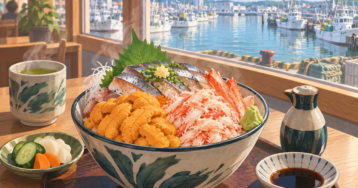 釧路港を望む窓辺で味わう旬の海鮮丼グルメ、漁船が並ぶ港の風景も添えた昼の情景イラスト