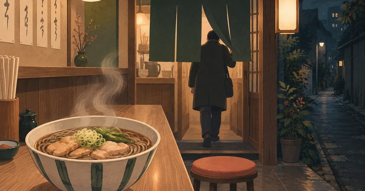 釧路の深夜そば店で飲んだ後に〆のそばを食べる、客の後ろ姿も添えた夜の情景イラスト