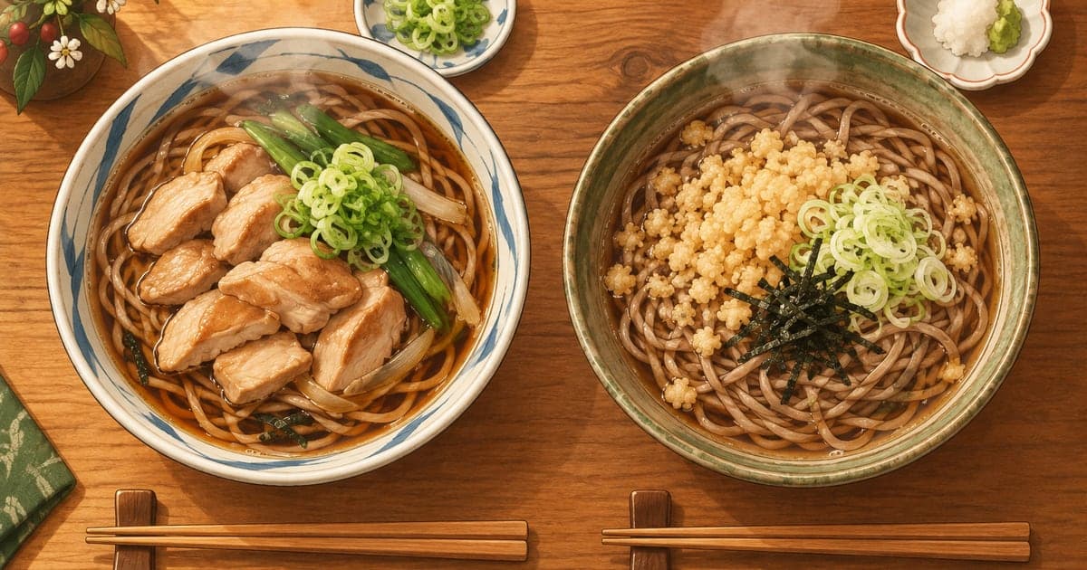 釧路そばのかしわそばと種込メニューを比べる、木の箸置きと湯気も添えた食卓のイラスト
