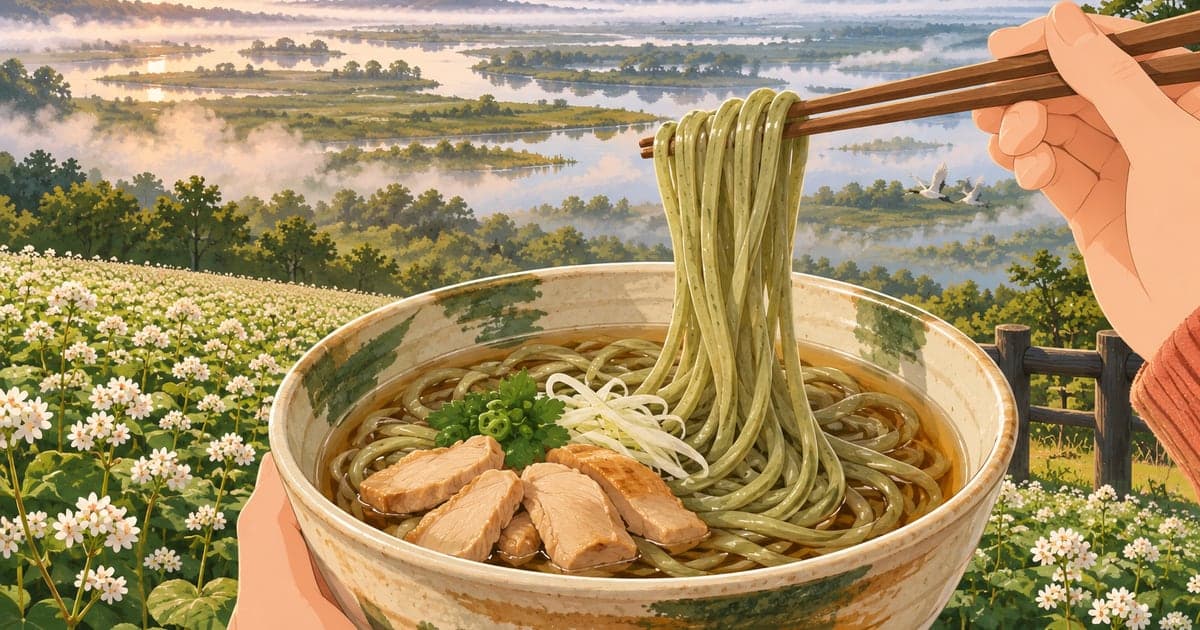 緑色が特徴の釧路そばの麺をすくう、湿原と霧を背景にした独自の食文化を描いたイラスト
