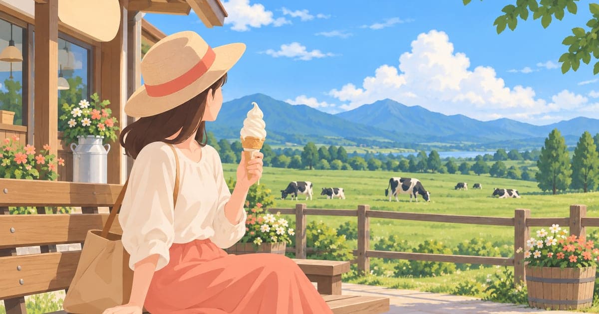 釧路・道東の牧場や道の駅で味わうソフトクリーム、牧草地と青空を背景にしたイラスト