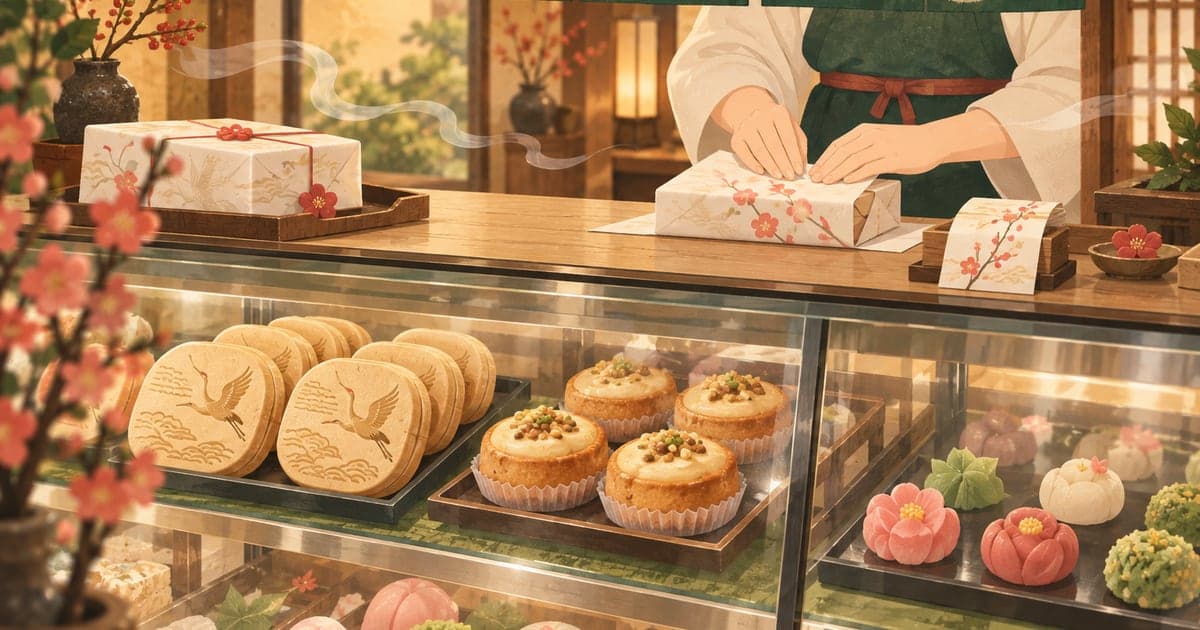釧路の老舗和菓子と新名物スイーツ、包装紙を折る店員の手元も添えた店先の情景イラスト