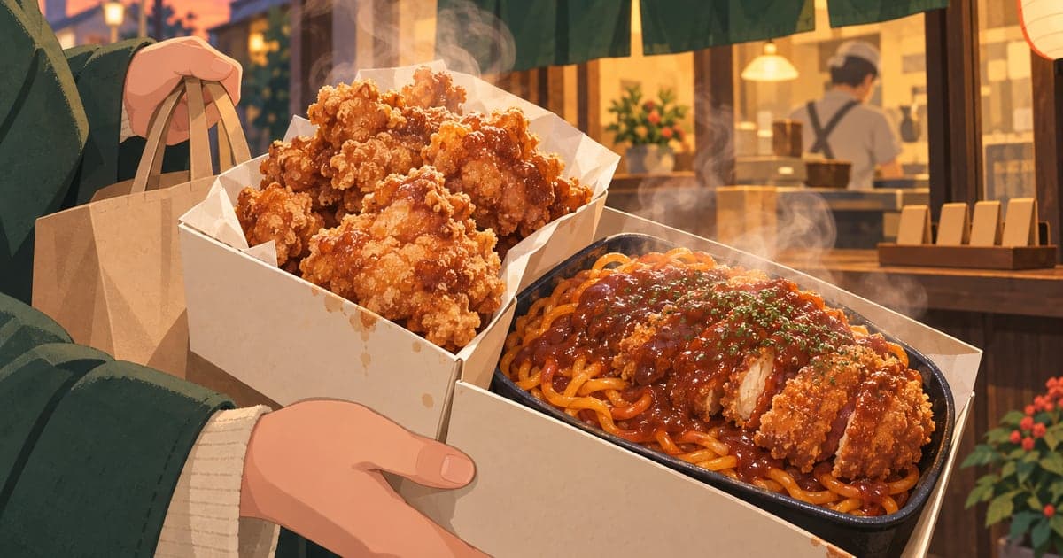 釧路のザンギ発祥店とスパカツ、暖簾のかかる老舗の店先も描いたテイクアウトのイラスト