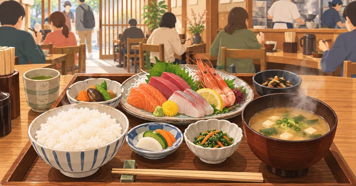 釧路の定食屋で提供される海鮮定食、木の膳に並ぶ品数の多さが伝わるボリュームイラスト