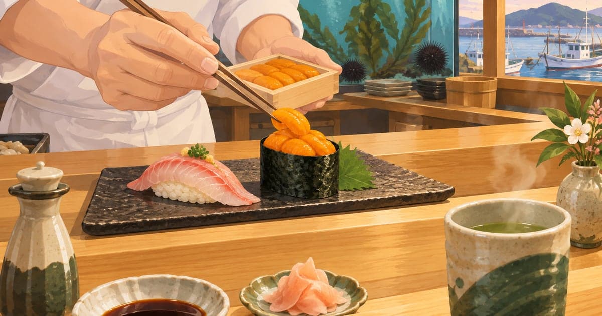 釧路のウニ丼・ウニ寿司を握る職人の熟練の技、水槽の昆布が揺れるカウンターのイラスト