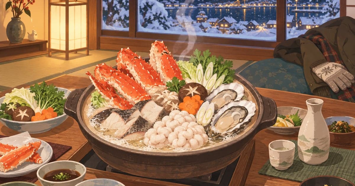 釧路の冬グルメ、タラバガニと厚岸カキの鍋料理、雪景色を背景にした食卓の情景イラスト