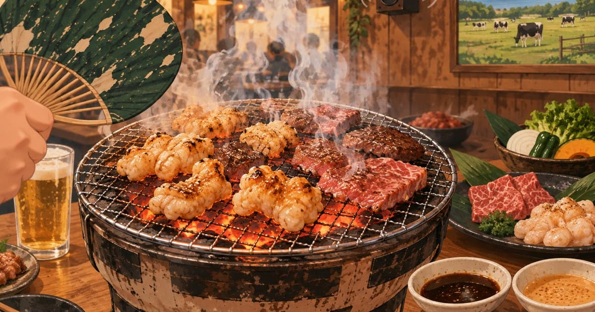 釧路の七輪炭火焼肉とホルモン文化、煙がもうもうと立ちのぼる活気ある食卓のイラスト