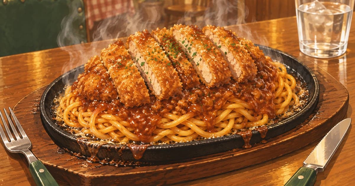 釧路名物スパカツ、鉄板のミートソーススパゲティ、ソースの跡が残る臨場感あるイラスト