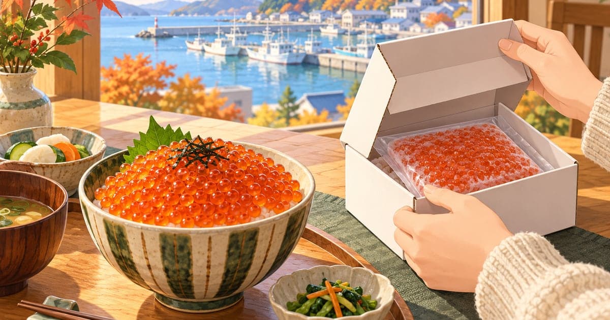 食卓のいくら丼と、冷凍で届いたいくら醤油漬けの箱を開ける手元を描いた、道東のふるさと納税のいくら選びがわかるイラスト。