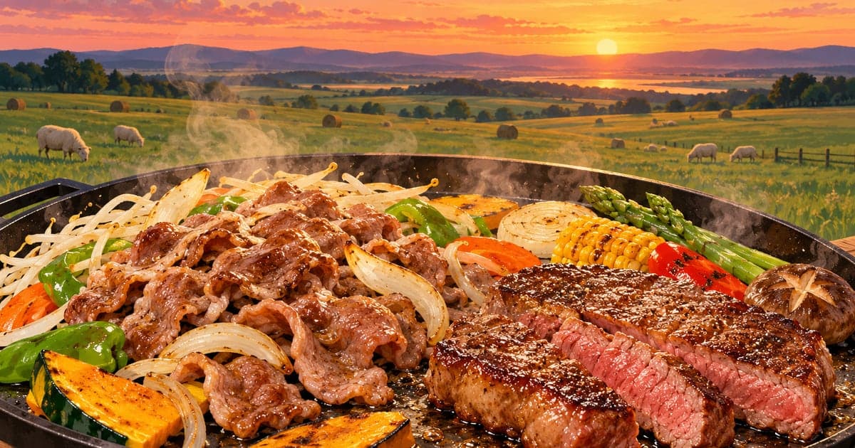 鉄板で焼くジンギスカンとステーキ肉を、道東の牧草地と夕空を背景に描いた、ふるさと納税の肉選びがわかるイラスト。
