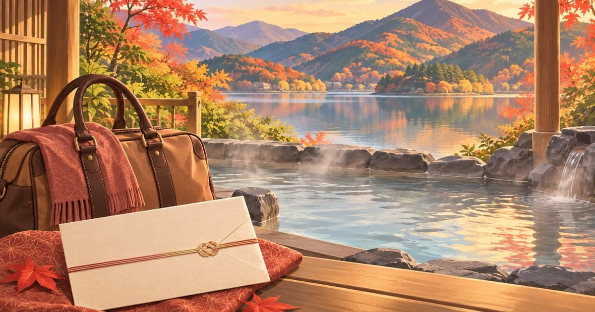 湖畔の温泉宿の露天風呂から秋の湖と山を望み、手前に宿泊券の封筒と旅行かばんを描いた、道東のふるさと納税の宿泊券・体験選びがわかるイラスト。